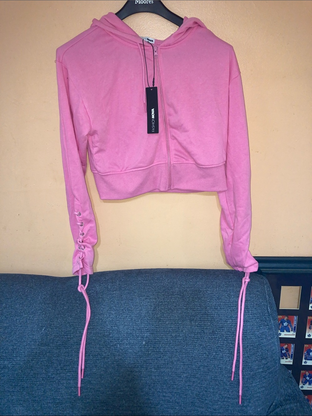 Fashion Nova Pink Cropped Zip Hoodie with Ruched Sleeve Drawstrings